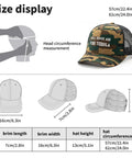Size chart for Funny Tequila Teaser Camouflage Trucker Hat for Men and Women with head circumference measurements.