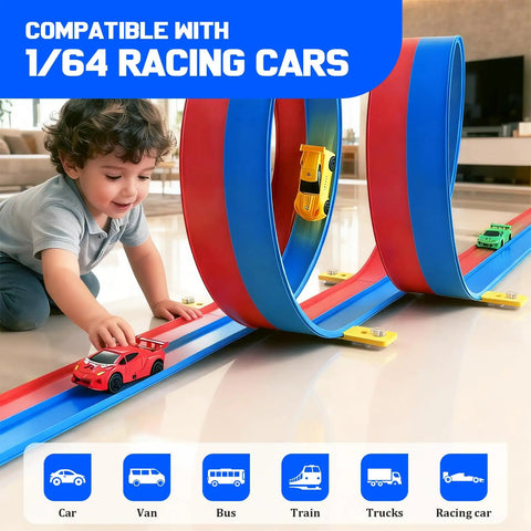 Child playing with 20ft Flex Roll Up Slot Car Race Track For Kids with four alloy cars, loops, and strong suction cups indoors.