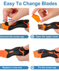 All In One Blade Scraper With 50 Blades For Glass Windows And Cooktops Includes Plastic Safe Blade And Metal Heavy Duty Blade Decal Remover Tool Orange blade changing steps.