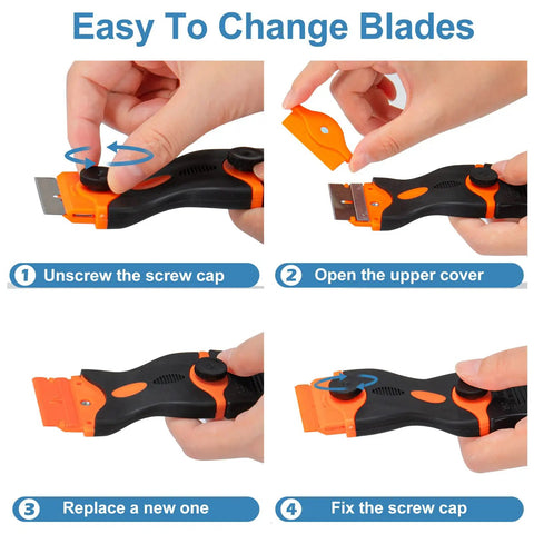 All In One Blade Scraper With 50 Blades For Glass Windows And Cooktops Includes Plastic Safe Blade And Metal Heavy Duty Blade Decal Remover Tool Orange blade changing steps.