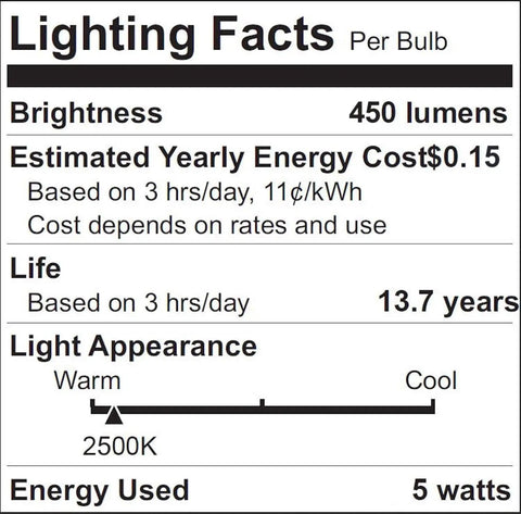 Lighting facts for Led T10 120V 5W Frosted Dimmable Glass Bulb 2 Pack For Piano Light And Banker Light, 450 lumens, 2500K.