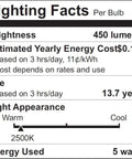 Lighting Facts for Led T10 120V 5W Frosted Dimmable Glass Bulb 2 Pack, showing 450 lumens, 2500K warm light, 5 watts, 13.7-year life