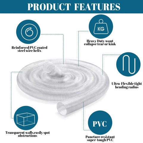 4 Inch PVC Dust Collection Hose 30 Ft Long Flexible Clear Vacuum Fume Hose With Stainless Steel Clamps Set Heavy Duty Puncture Resistant For Vacuums And Dust Collection Systems coiled with product features
