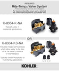 Kohler Rite-Temp valve system options shown with components, model K-8304-K-NA for residential and K-8304-KS-NA for hospitality use.