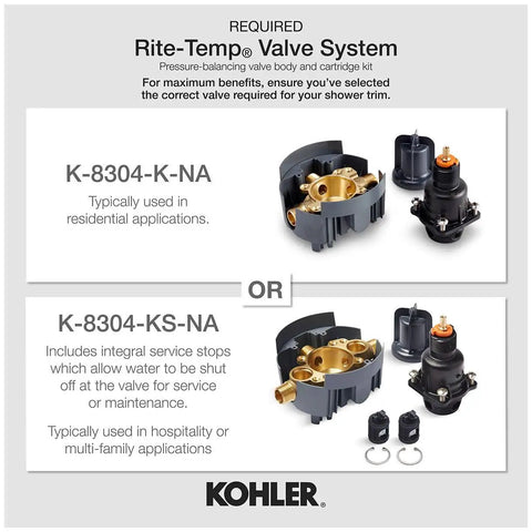 Kohler Rite-Temp valve system options shown with components, model K-8304-K-NA for residential and K-8304-KS-NA for hospitality use.