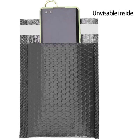 Black Bubble Mailers 40 Pack 7 By 5.2 Inch Padded Envelopes with smartphone inside, showing durable cushioning.