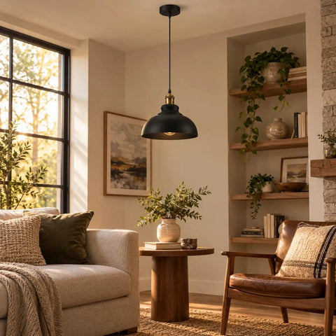 Black Industrial Metal Pendant Light, E26 Curvy Adjustable Ceiling Fixture hanging in a cozy living room, illuminating a table.