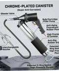 Heavy Duty Pneumatic Grease Gun Workhorse With 6000 PSI High Pressure Air And 18 Inch Hose featuring chrome-plated canister