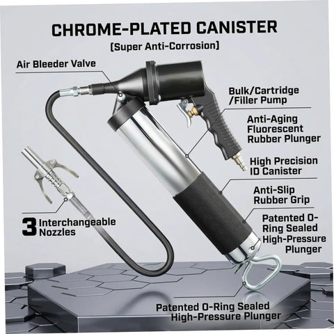 Heavy Duty Pneumatic Grease Gun Workhorse With 6000 PSI High Pressure Air And 18 Inch Hose featuring chrome-plated canister