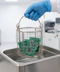 Healeved Stainless Steel Fine Mesh Cleaning Basket With Swinging Handle for ultrasonic cleaning of circuit boards in lab.