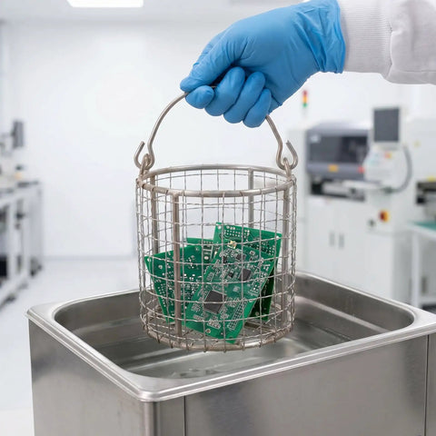 Healeved Stainless Steel Fine Mesh Cleaning Basket With Swinging Handle for ultrasonic cleaning of circuit boards in lab.