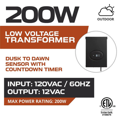 200 Watt Low Voltage Landscape Lighting Transformer With Dusk To Dawn Sensor And Countdown Timer Auto Mode 120V AC To 12V AC Outdoor Lighting All Weather