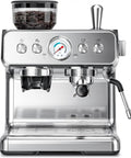 Top Shelf Espresso Machine With Built In Grinder And 20 Bar Pressure Sleek Milk Frother For Creamy Lattes And Perfect Cappuccinos 30 Precise Grind Settings Brushed Silver Finish front view with grinder and controls