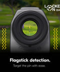 View through a lightweight golf rangefinder with 6x20 optics showing locked-on targeting for easy flag reads and hazards on the course.