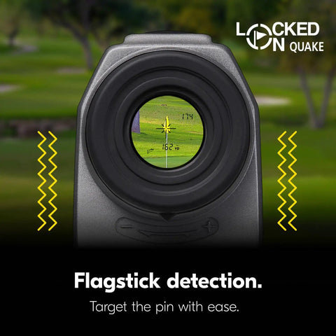 View through a lightweight golf rangefinder with 6x20 optics showing locked-on targeting for easy flag reads and hazards on the course.