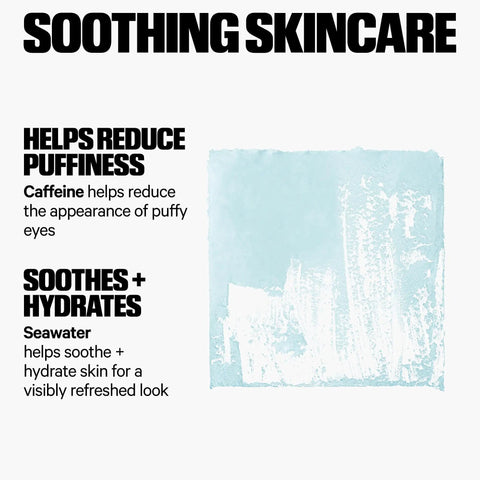 Image showing text about Cooling Under Eye Gel Stick slays puffiness with caffeine and seawater benefits for soothing skincare.
