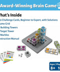 Gravity Maze Falling Marble Logic Game For Kids 8 To 12 with towers, grid, challenge cards, marbles, and instruction manual.