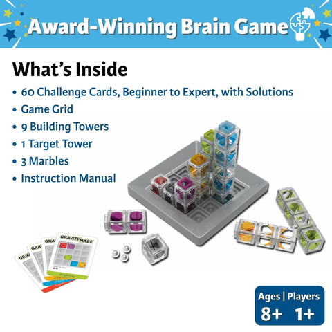 Gravity Maze Falling Marble Logic Game For Kids 8 To 12 with towers, grid, challenge cards, marbles, and instruction manual.