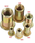 Top Tier M3 to M12 Flat Head Rivet Nuts Zinc Plated Steel One Side Threaded Inserts For Heavy Duty Bolting And Fastening Projects 50 Pcs in assorted sizes.