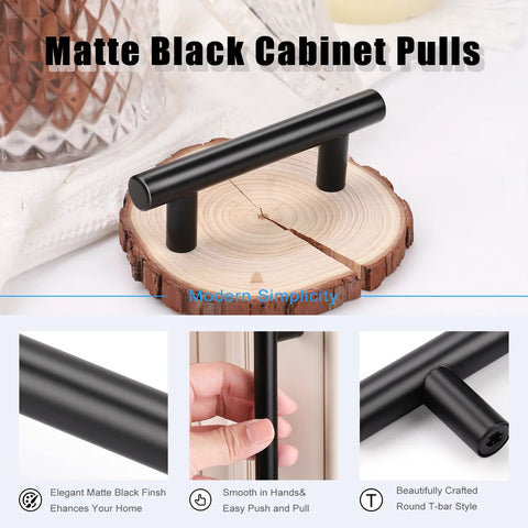 6 Pack Black T Bar Drawer Pulls, 4 Inch Overall Length, Matte Black Cabinet Pull Displayed on Wooden Surface