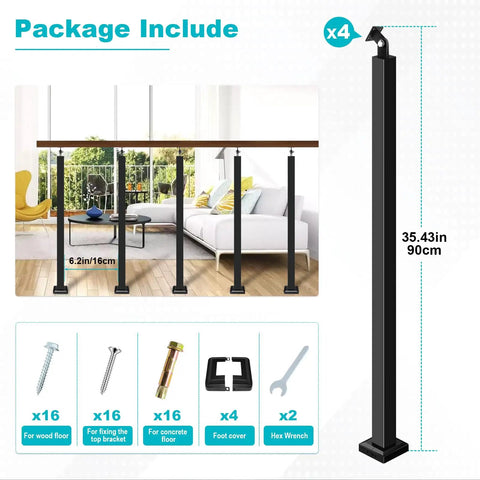 Heavy Duty Steel Stair Baluster Posts With Rust Resistant Black Finish And Quick Adjusting Brackets for porch setup, 35.43in tall.