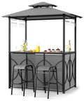 Outdoor Patio Bar Set With Grill Gazebo And Two Bar Stools, Three Piece Bar Table Set With Tempered Glass Bar Table, Double Tier Soft Top Canopy, Metal Storage Shelves And Glass Holders, Grey Backyard BBQ Shelter For Friends And Family Hangout
