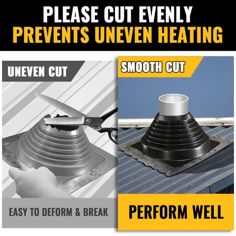 Pro Grade Heavy Duty Four Inch Metal Roof Pipe Boot Featuring Flexible Silicone Flashing Base For Corrugated Steel Roofs Tough As Nails Black Leak Proof Seal cut comparison images showing uneven and smooth cuts.