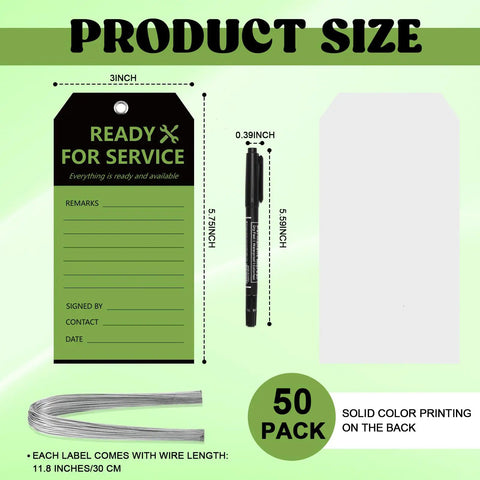 Ready For Service Tag Set 50 Pack 3x5 3/4 Inch Wire Grommet Repair Tags For Equipment Black And Green Color Code Tags For Production Status Required Examination And Maintenance In The Shop Cardstock, 3x5.75 inch tag with wire