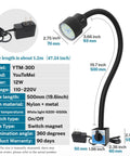 Diagram showing details of Magnetic Dual Gooseneck Work Light 1200 Lumens IP66 Waterproof 20 Inch Flexible Neck with specs and measurements