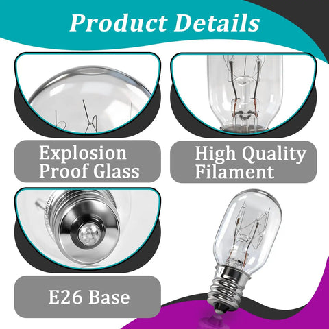 Close-up of 8 Pack 15W 120V Incandescent Sewing Machine Light Bulbs showing E26 base, high quality filament, explosion proof glass.