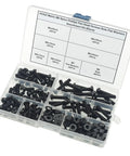 180 Piece Metric M6 Black Pa66 Nylon Phillips Pan Head Screw Assortment Kit With Hex Nuts And Flat Washers in storage box.