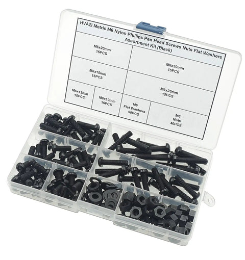 180 Piece Metric M6 Black Pa66 Nylon Phillips Pan Head Screw Assortment Kit With Hex Nuts And Flat Washers in storage box.