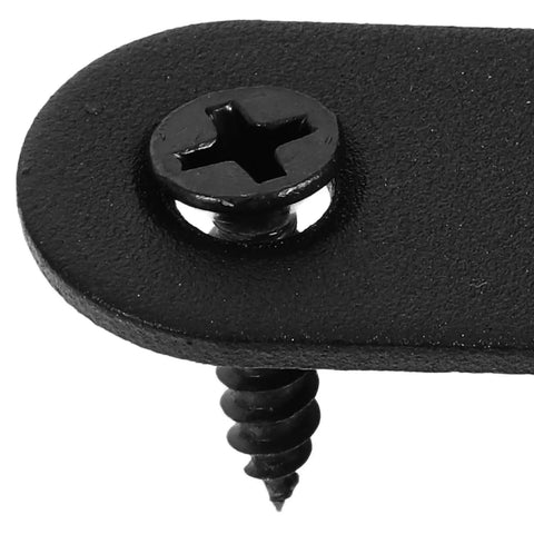 Close-up of Flat Straight Brackets Set Of 12 Stainless Steel Black Mending Plates with screw visible for beds and cabinets.