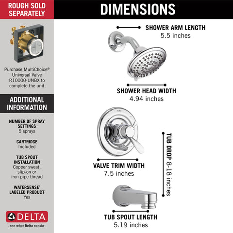 Dimensions of Classic Tub And Shower Faucet With Single Handle Control In Chrome Finish No Fuss Easy Turn Valve And Temperature Volume Controls For Everyday Home Use Needs Rough In Model R10000 UNBX To Complete
