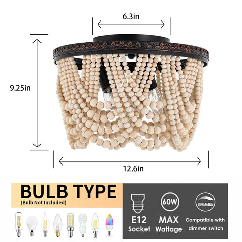 Boho Wood Beaded Chandelier Three Light Flush Mount Ceiling Fixture With Engraved Pattern Oil Rubbed Bronze Farmhouse Style Lighting