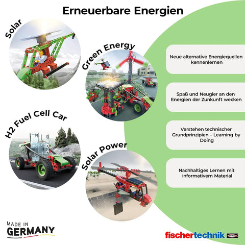 80 Piece Solar Construction Kit Lets Kids Build A Helicopter Air Boat Or Fan With A Solar Rotor Powering The Propeller While Teaching Renewable Energy In A Fun STEM Hands On Way. German renewable energy STEM kit with solar, green energy, H2 fuel cell car models