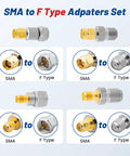 Image of an 8 Pack F Type to SMA Coax Adapters Gold Plated Brass RF Connectors for WiFi Routers, CBs, Ham Rigs, Antennas, and Walkie Talkies.