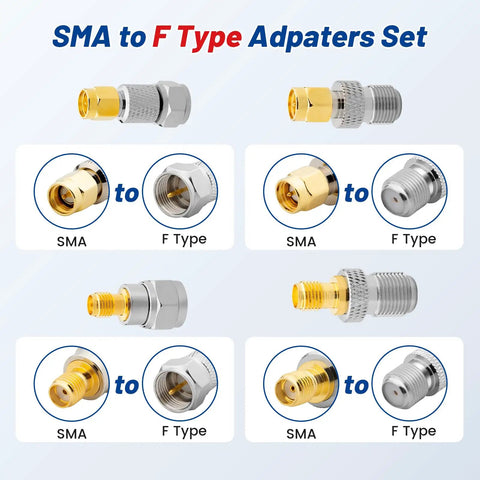 Image of an 8 Pack F Type to SMA Coax Adapters Gold Plated Brass RF Connectors for WiFi Routers, CBs, Ham Rigs, Antennas, and Walkie Talkies.