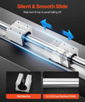 Close-up of two 78.74 Inch SBR20 linear rails with four bearing slide blocks, showing smooth motion and fully supported shafts.