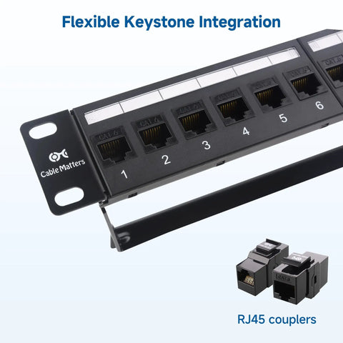 Close-up of Beefy 1U 24 Port Cat6 Ethernet Patch Panel With Inline Keystone And Cable Management Bar, showing RJ45 ports.