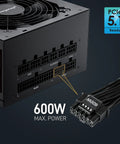 Close-up of GM850 Power Supply 850W Full Modular 80 Plus Gold Gaming PSU with PCIe 5.1 readiness and 600W max power cable.
