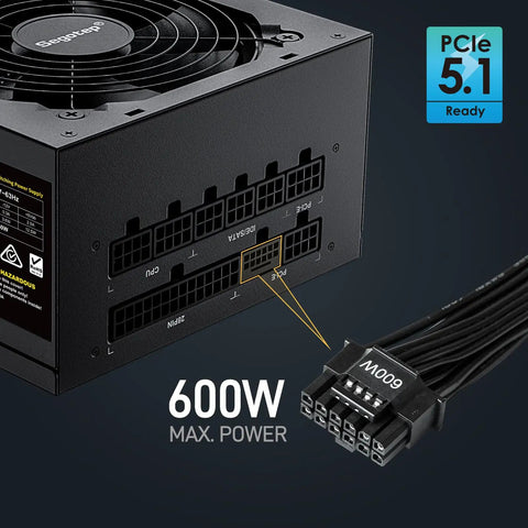 Close-up of GM850 Power Supply 850W Full Modular 80 Plus Gold Gaming PSU with PCIe 5.1 readiness and 600W max power cable.