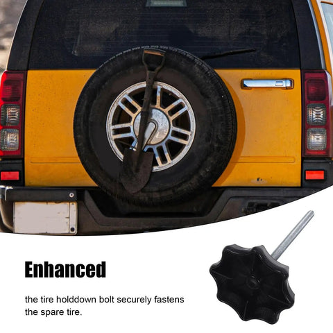 Universal Fitment Spare Tire Hold Down Bolt Replacement Mounting Hardware Clamp with shovel and spare tire on vehicle rear