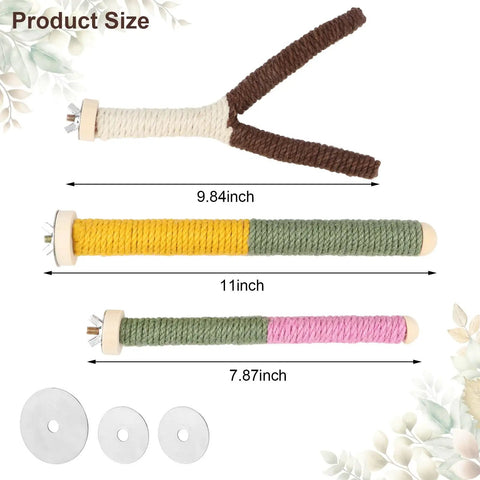 Top Shelf 3 Piece Natural Wood Bird Perch And Chew Toy Set For Cockatiels Budgies Parakeets showing sizes and details.