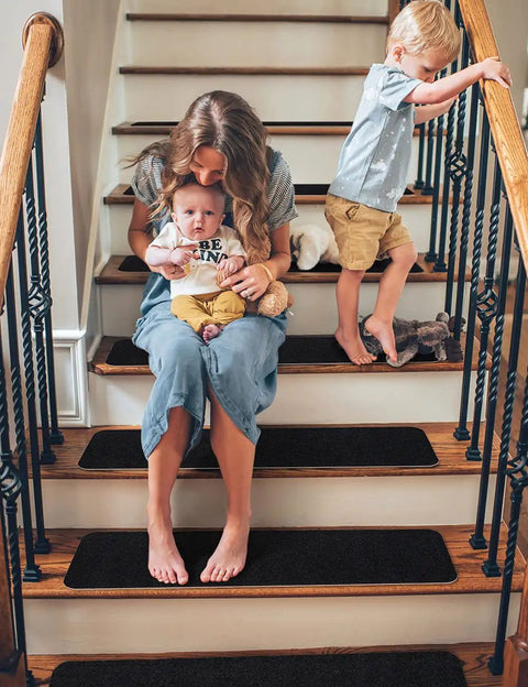 Non Slip Stair Treads For Wood Steps Peel And Stick 8x30 Inch Runner Rug Black 15 Pack on stairs with family