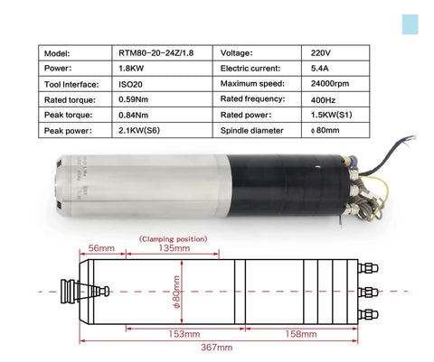 Heavy Duty Cnc Router 1.8Kw Water Cooled Spindle Motor With Automatic Tool Change Iso20 Er20 24000Rpm detailed specifications and dimensions image