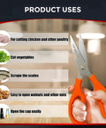 Heavy Duty Kitchen Shears All In One Multi Function Scissors Dishwasher Safe Poultry Shears Food Grade Stainless Steel Sharp Utility Scissors For Meat Fish Bones Veggies Noodles Pizza White, orange handles