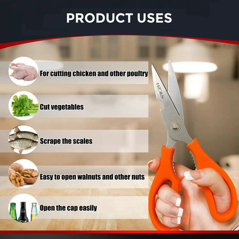 Heavy Duty Kitchen Shears All In One Multi Function Scissors Dishwasher Safe Poultry Shears Food Grade Stainless Steel Sharp Utility Scissors For Meat Fish Bones Veggies Noodles Pizza White, orange handles