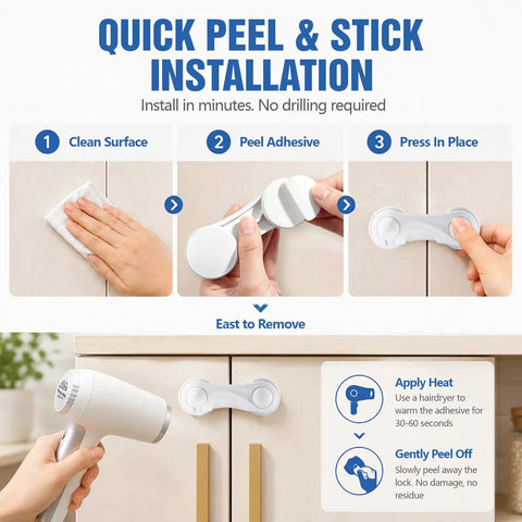 Installation steps for One Hand Release Kid Proof Cabinet Locks No Drill Adhesive For Cabinets And Drawers Easy Install 12 Pack