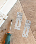 Heavy Duty Stainless Steel Adjustable L Shaped Brackets With Slotted Holes For Chairs And Tables, tools and screws on wood surface